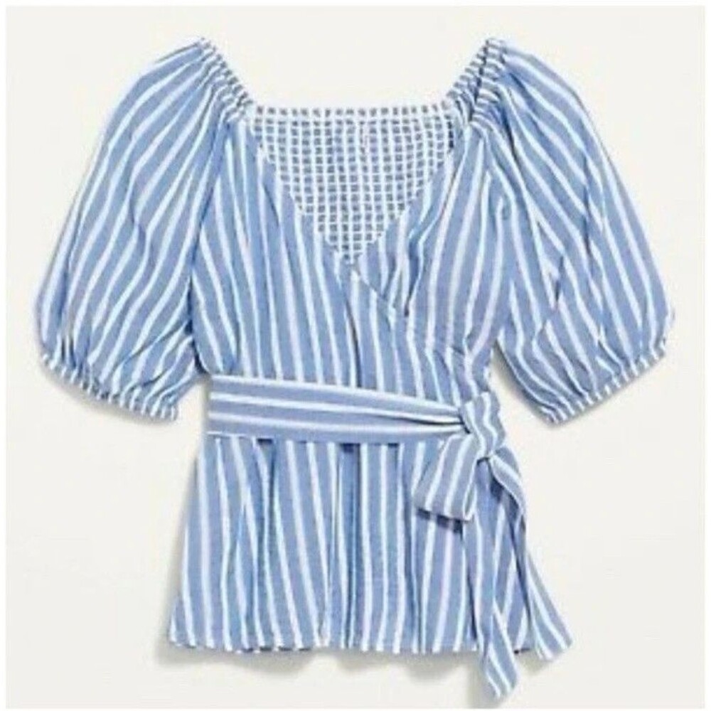 NWT Old Navy 3x Coastal Blue Striped Puff Short Sleeve Wrap Blouse Top Women